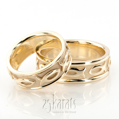 14K Gold Ichthus Jesus Fish Motif Christian Wedding Band Set