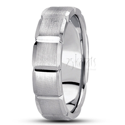 Rectangular Cut Satin Carved Design Wedding Band  - view 2