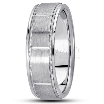 Flat Grooved Diamond Carved Wedding Ring - view 3