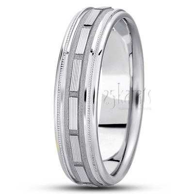 Striped Rectangular Cut Fancy Carved Wedding Band  - view 2