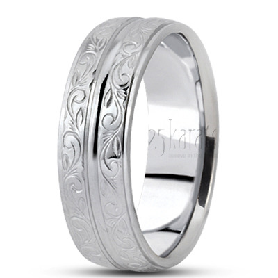 Contemporary Grooved Carved Design Wedding Band  - view 2