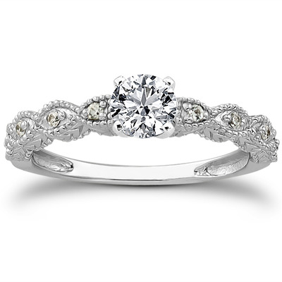 Diamond Accented Prong Set Antique Bridal Ring (0.08 t.c.w.) - view 14