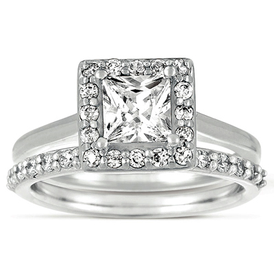 Halo Style Bead Set Diamond Engagement Ring Princess Cut Center  - view 1