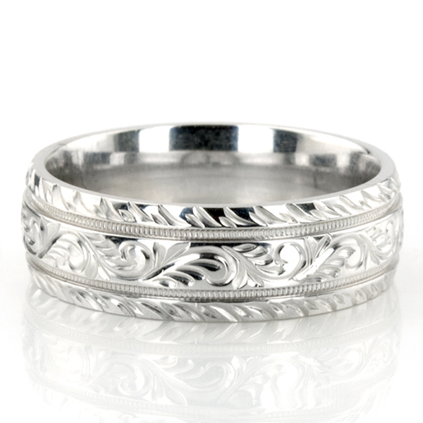 Chic Hand Engraved Floral Wedding Ring - view 3