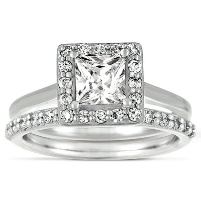 Halo Style Bead Set Diamond Engagement Ring Princess Cut Center - view 5