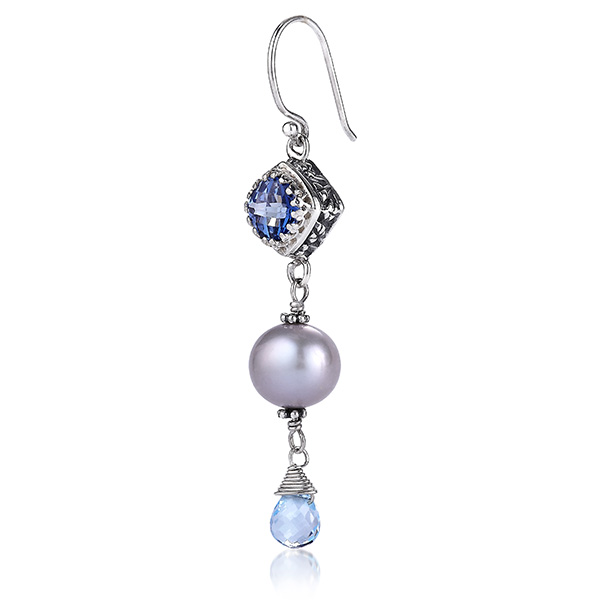 Sterling Silver, Iolite topaz, blue topaz and freshwater pearl earrings - view 2