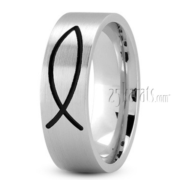 Flat Ichthus Jesus Fish Wedding Band - view 2