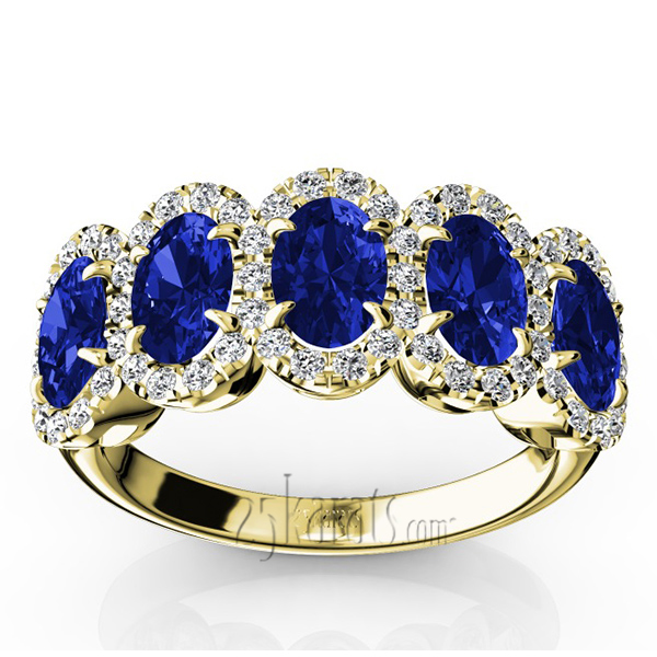 Micro Pave Set Diamond and Oval Sapphire Anniversary Band (1/2 ct. t.w. Diamonds) - view 4