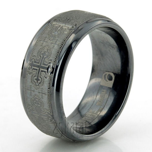 Black Titanium 9mm Comfort-Fit Cathedral Cross Design Ring - view 4