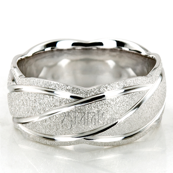 Contemporary Ridged Design Fancy Carved Wedding Band  - view 3