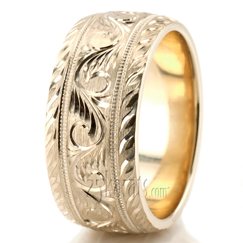 Chic Hand Engraved Floral Wedding Ring - view 6