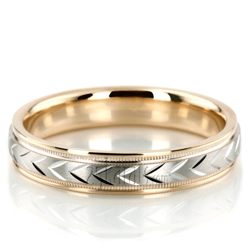 Leaf Design Two-Color Diamond Cut Wedding Ring  - view 7