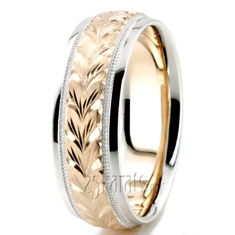 Leaf Design Fancy Carved Wedding Band  - view 4