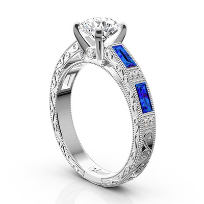 Nostalgic Blue Sapphire And Diamond Engraving Engagement Ring - view 2 of 5