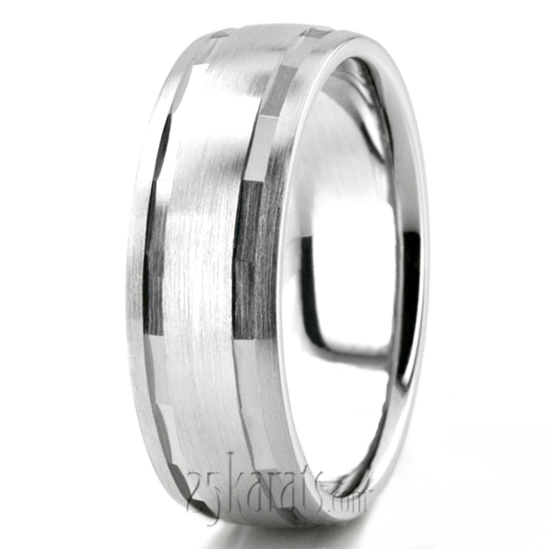 Angled Cut Carved Design Wedding Ring  - view 5