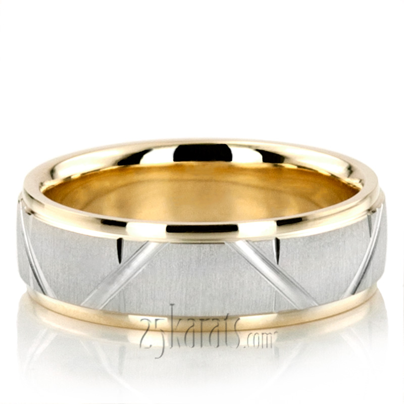 Custom Diagonal Groove Two-Color Wedding Band  - view 2