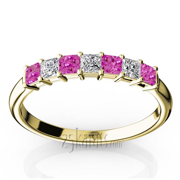 Pink Sapphire & Diamond Alternating Shared Prong Anniversary Band - view 2