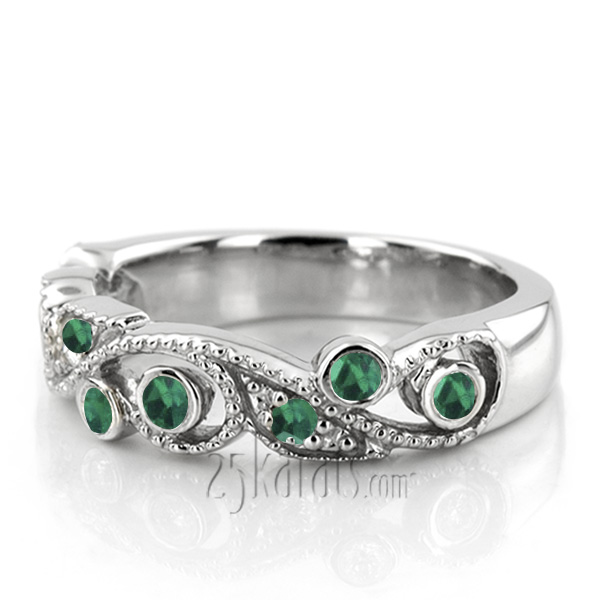 Elegant Floral Design Emerald Wedding Anniversary Band - view 2