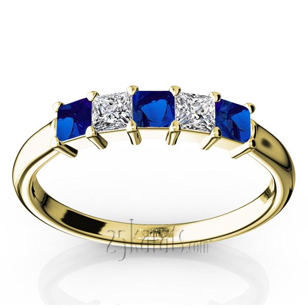 Shared Prong Princess Cut Blue Sapphire & Diamond Anniversary Band - view 2