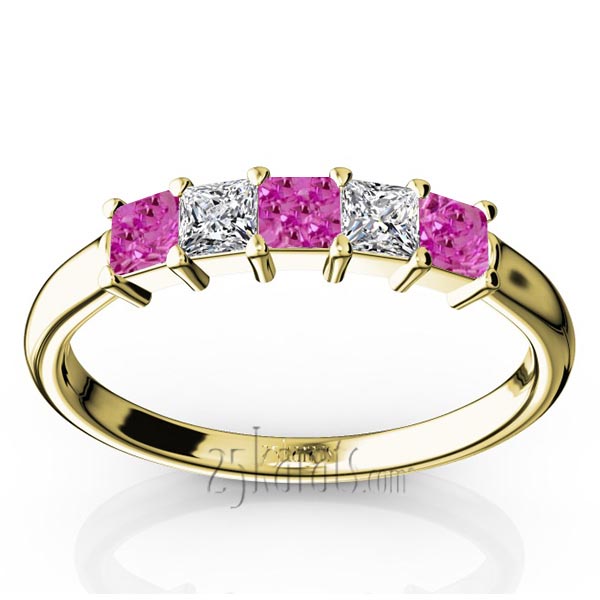  Shared Prong Princess Cut Pink Sapphire & Diamond Anniversary Band - view 2