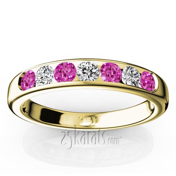  Channel Set Round Pink Sapphire & Diamond Anniversary Band - view 2