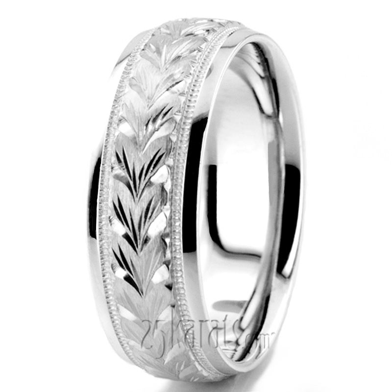 Leaf Design Fancy Carved Wedding Band  - view 6