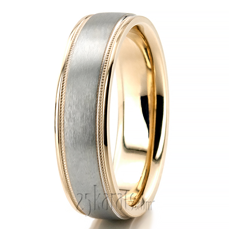 Two-Color Brush Finish Milgrain Wedding Ring  - view 3