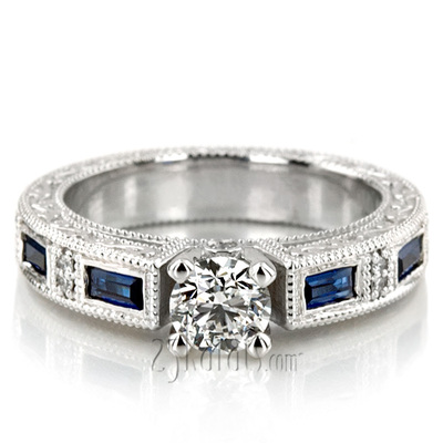 Nostalgic Blue Sapphire And Diamond Engraving Engagement Ring - view 3 of 5