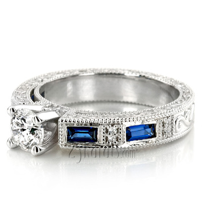 Nostalgic Blue Sapphire And Diamond Engraving Engagement Ring - view 4 of 5