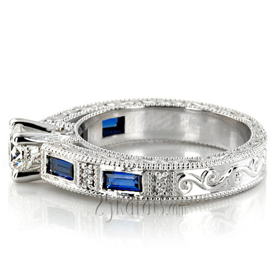 Nostalgic Blue Sapphire And Diamond Engraving Engagement Ring - view 5 of 5