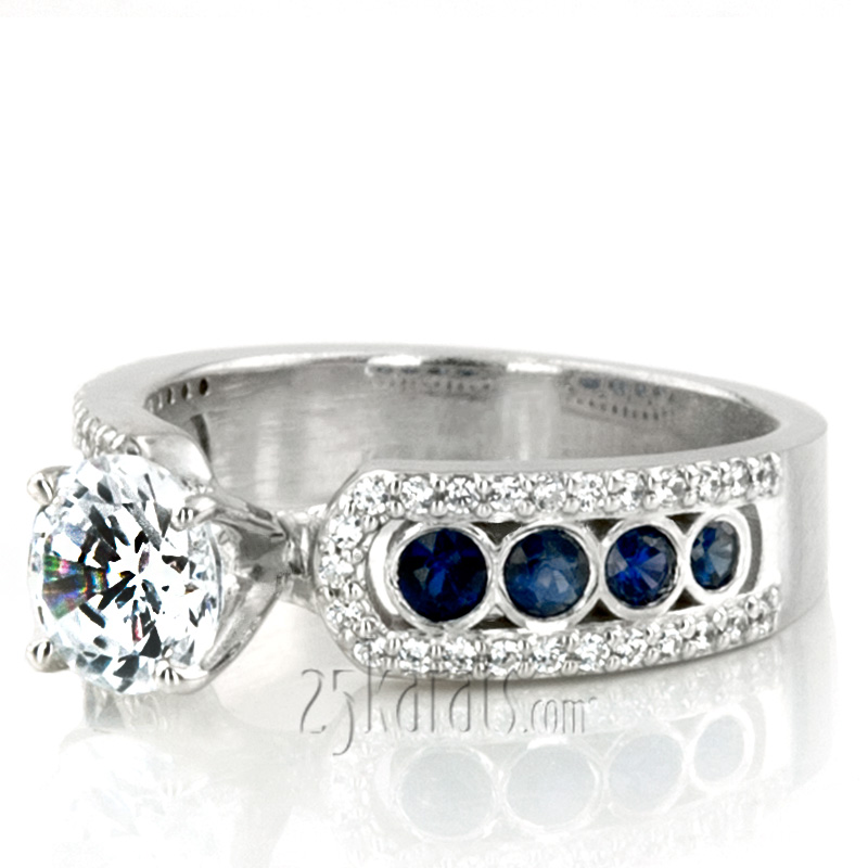 Pave Set Diamond Engagement Ring With Blue Sapphire Accent - view 2