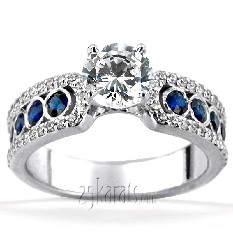 Pave Set Diamond Engagement Ring With Blue Sapphire Accent - view 3