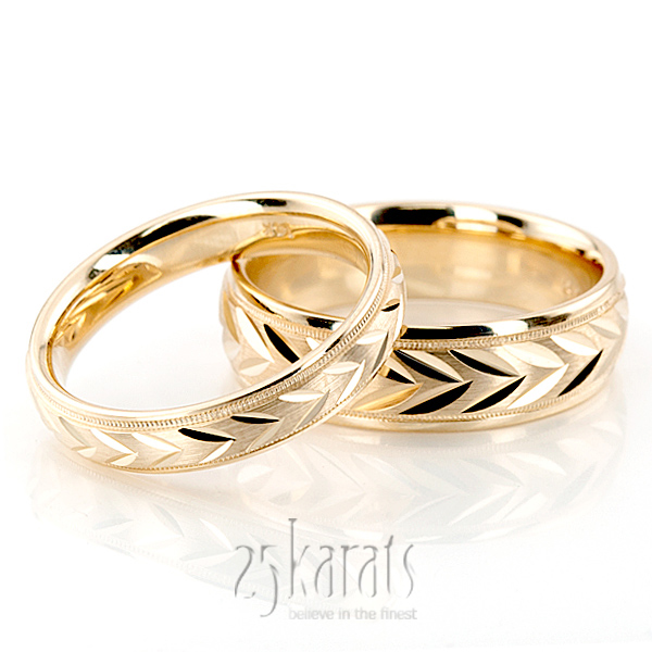 Leaf Design Two-Color Diamond Cut Wedding Ring Set - view 2