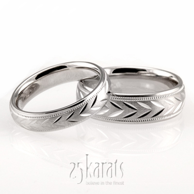 Leaf Design Two-Color Diamond Cut Wedding Ring Set - view 3