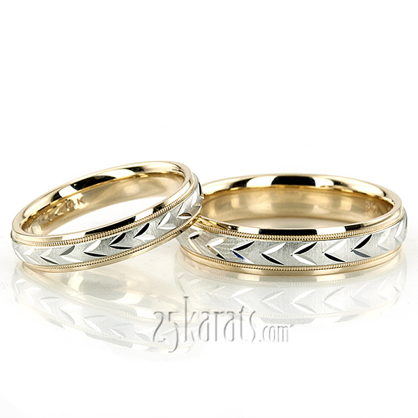 Leaf Design Two-Color Diamond Cut Wedding Ring Set - view 4