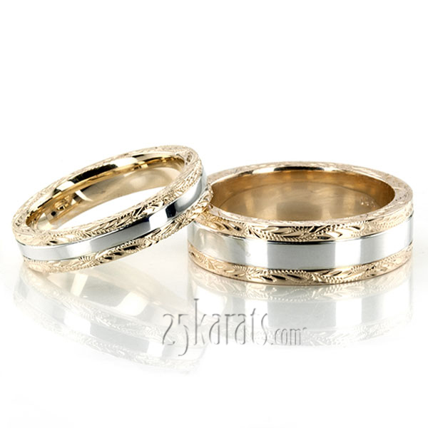 Handengraved Floral Design Matching Wedding Rings - view 2