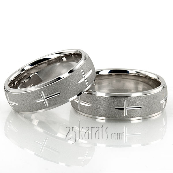 Exquisite Cross Carved Design Wedding Ring Set - view 3