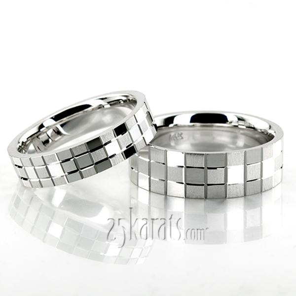 Square Cut Carved Design Wedding Ring Set - view 2