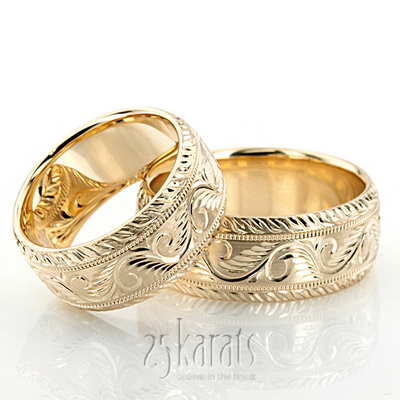 Chic Hand Engraved Leaf Design Matching Ring Set For Couples - view 2