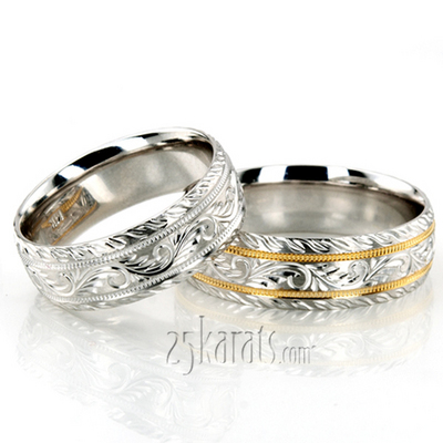 Chic Hand Engraved Leaf Design Matching Ring Set For Couples - view 3