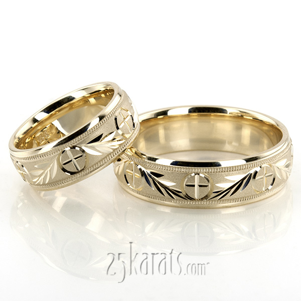 Religious Leaf Design Wedding Band set - view 1