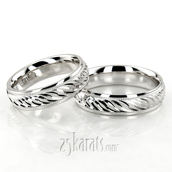 Attractive Brush Finish Fancy Carved Wedding Band Set - view 2