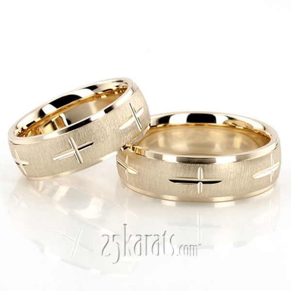 Exquisite Cross Carved Design Wedding Ring Set - view 4