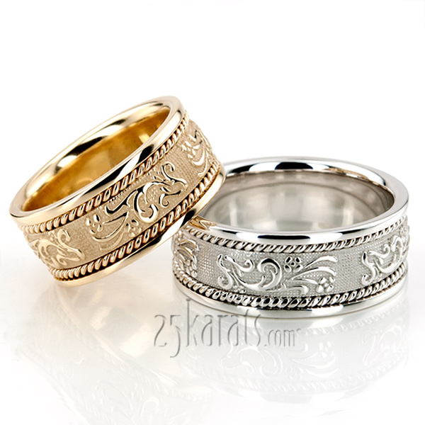 Floral Carved Antique Couples Wedding Rings - view 2