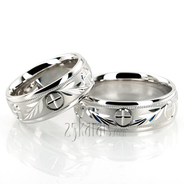 Religious Leaf Design Wedding Band set - view 2