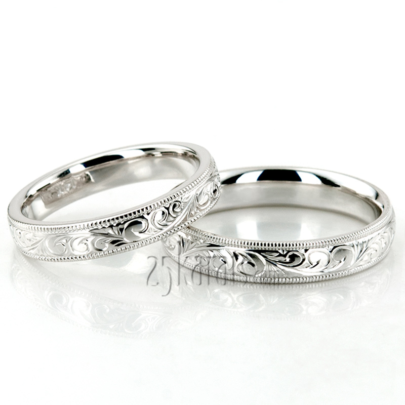 Milgrain Edge Fancy Carved Wedding Ring Set - view 2