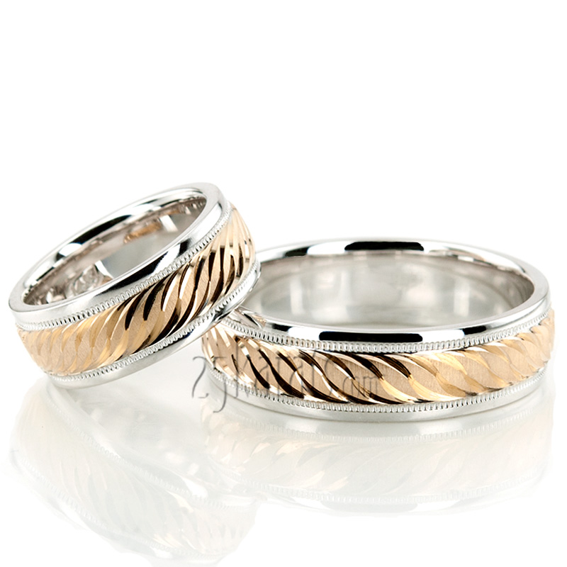 Attractive Brush Finish Fancy Carved Wedding Band Set - view 3