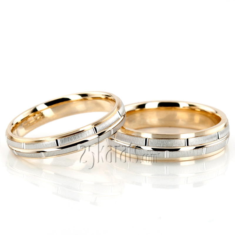 Modern Rectangular Cut Carved Design Wedding Ring Set - view 3