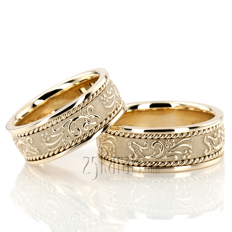 Floral Carved Antique Couples Wedding Rings - view 3