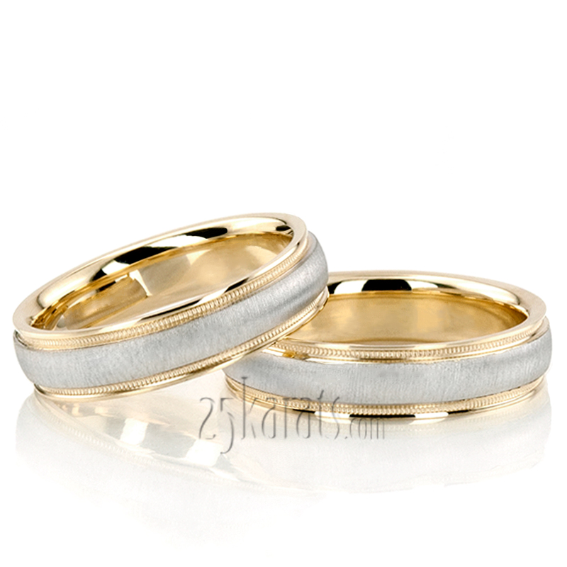 Two-Color Brush Finish Milgrain Wedding Ring Set - view 2